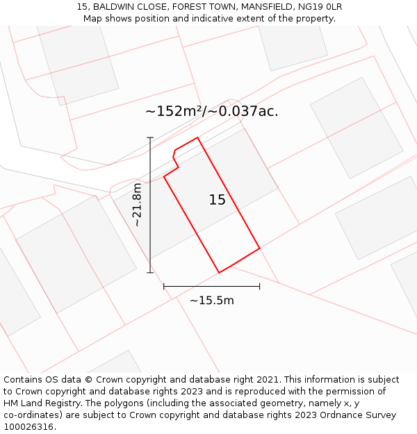 15, BALDWIN CLOSE, FOREST TOWN, MANSFIELD, NG19 0LR: Plot and title map