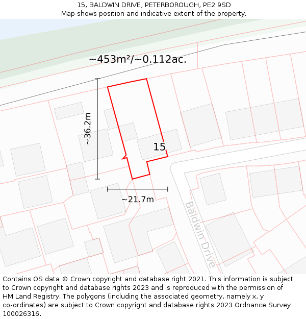 15, BALDWIN DRIVE, PETERBOROUGH, PE2 9SD: Plot and title map