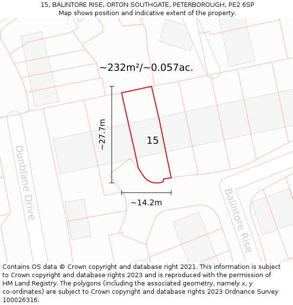 15, BALINTORE RISE, ORTON SOUTHGATE, PETERBOROUGH, PE2 6SP: Plot and title map
