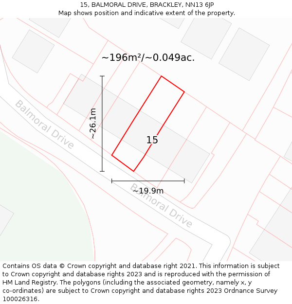 15, BALMORAL DRIVE, BRACKLEY, NN13 6JP: Plot and title map