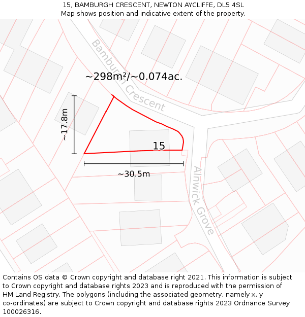 15, BAMBURGH CRESCENT, NEWTON AYCLIFFE, DL5 4SL: Plot and title map