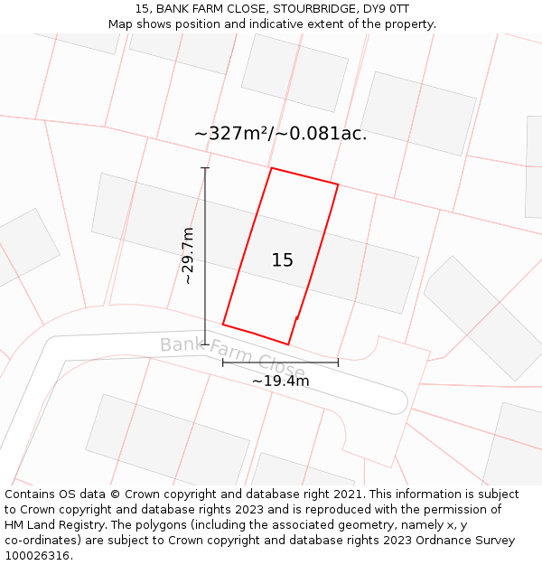 15, BANK FARM CLOSE, STOURBRIDGE, DY9 0TT: Plot and title map