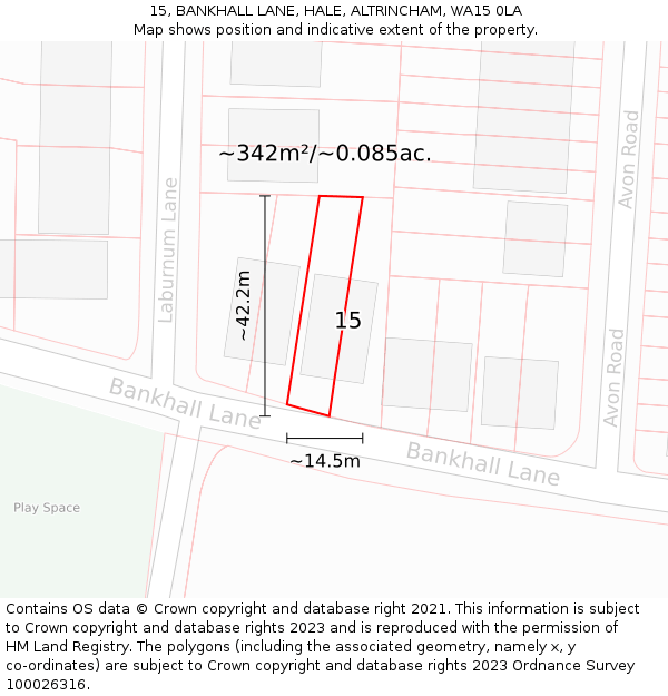 15, BANKHALL LANE, HALE, ALTRINCHAM, WA15 0LA: Plot and title map