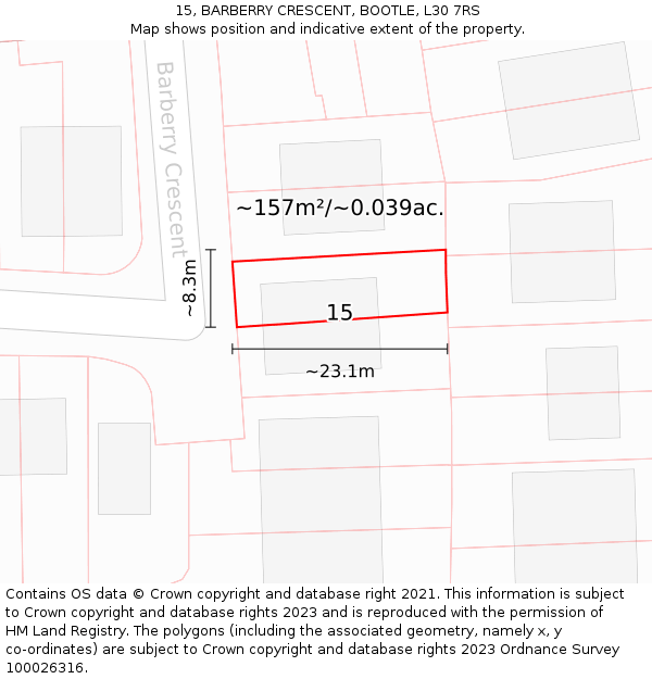 15, BARBERRY CRESCENT, BOOTLE, L30 7RS: Plot and title map