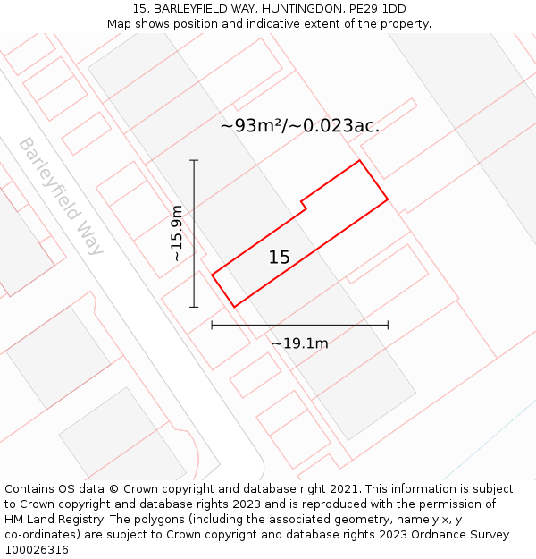 15, BARLEYFIELD WAY, HUNTINGDON, PE29 1DD: Plot and title map