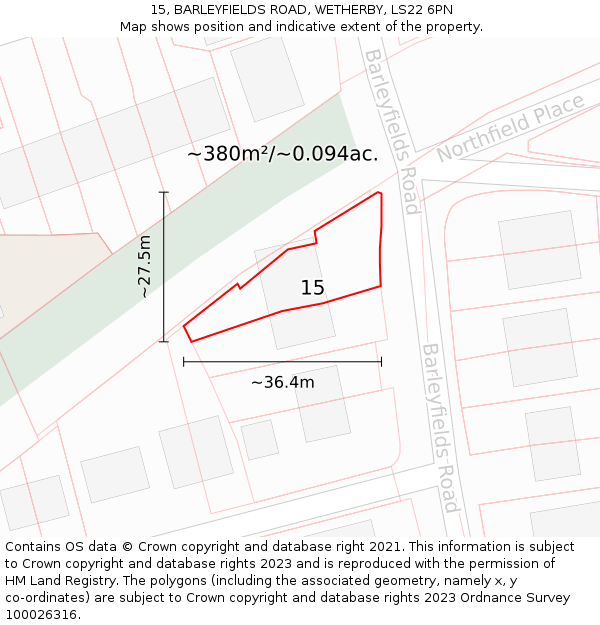 15, BARLEYFIELDS ROAD, WETHERBY, LS22 6PN: Plot and title map