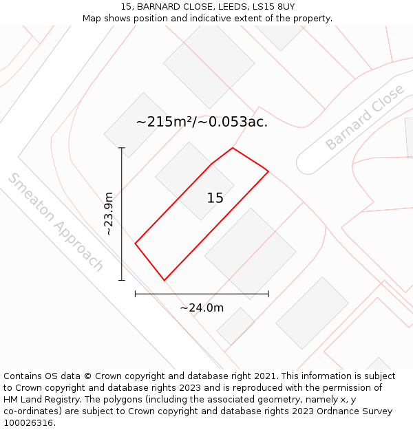 15, BARNARD CLOSE, LEEDS, LS15 8UY: Plot and title map