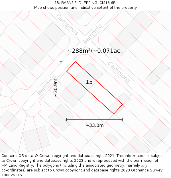 15, BARNFIELD, EPPING, CM16 6RL: Plot and title map