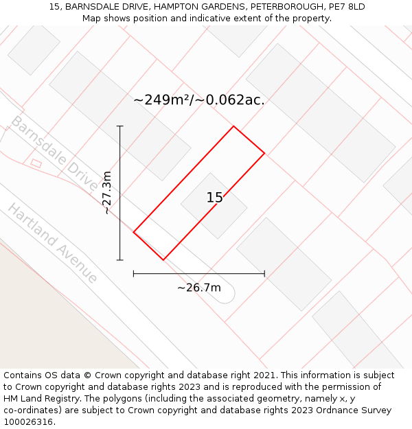 15, BARNSDALE DRIVE, HAMPTON GARDENS, PETERBOROUGH, PE7 8LD: Plot and title map