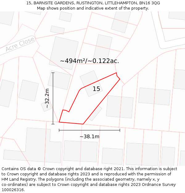 15, BARNSITE GARDENS, RUSTINGTON, LITTLEHAMPTON, BN16 3QG: Plot and title map