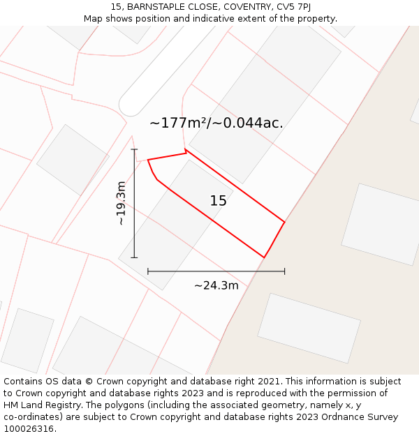 15, BARNSTAPLE CLOSE, COVENTRY, CV5 7PJ: Plot and title map