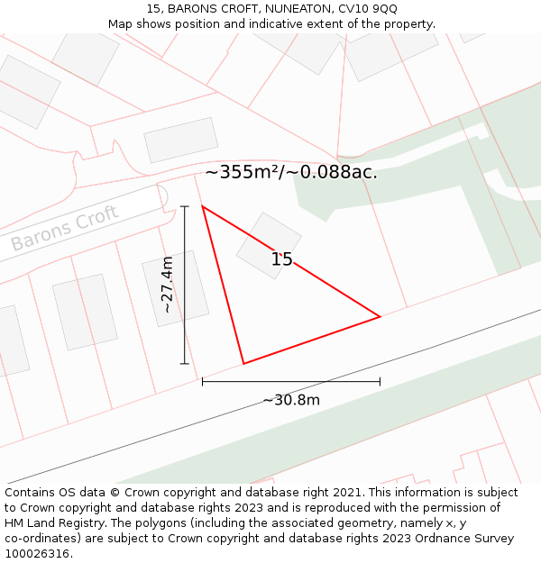 15, BARONS CROFT, NUNEATON, CV10 9QQ: Plot and title map