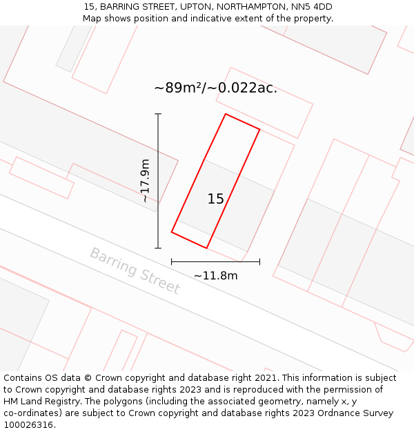 15, BARRING STREET, UPTON, NORTHAMPTON, NN5 4DD: Plot and title map