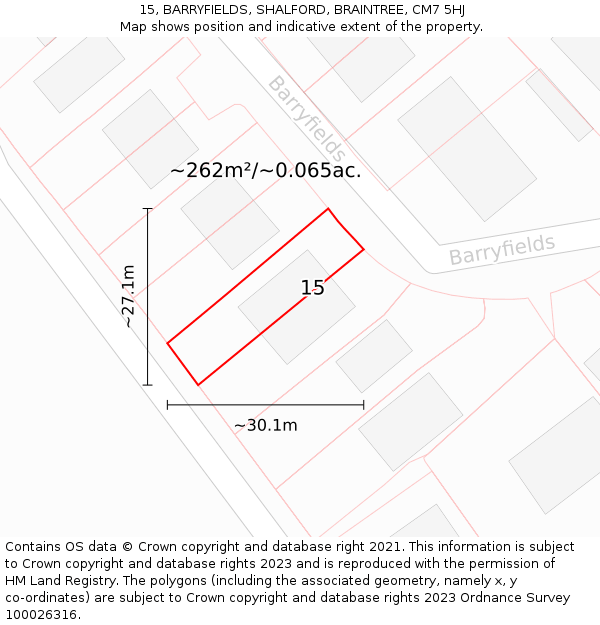 15, BARRYFIELDS, SHALFORD, BRAINTREE, CM7 5HJ: Plot and title map
