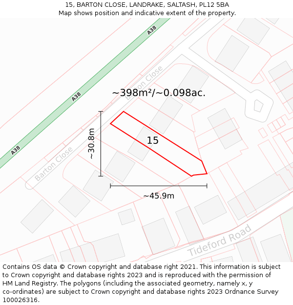 15, BARTON CLOSE, LANDRAKE, SALTASH, PL12 5BA: Plot and title map
