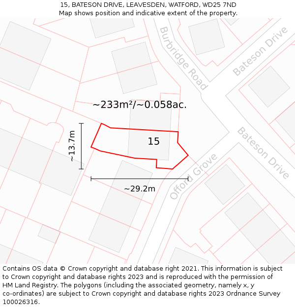 15, BATESON DRIVE, LEAVESDEN, WATFORD, WD25 7ND: Plot and title map
