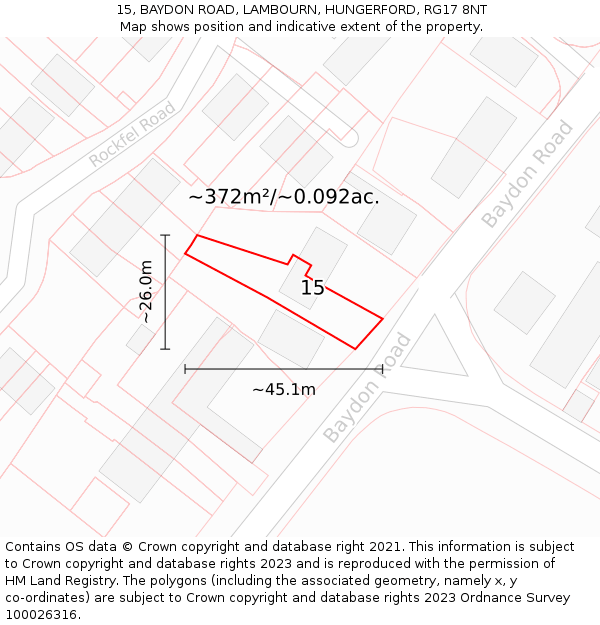 15, BAYDON ROAD, LAMBOURN, HUNGERFORD, RG17 8NT: Plot and title map