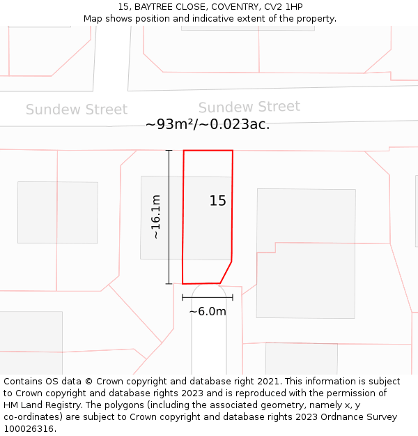 15, BAYTREE CLOSE, COVENTRY, CV2 1HP: Plot and title map