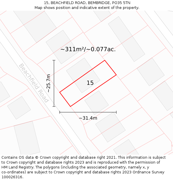 15, BEACHFIELD ROAD, BEMBRIDGE, PO35 5TN: Plot and title map