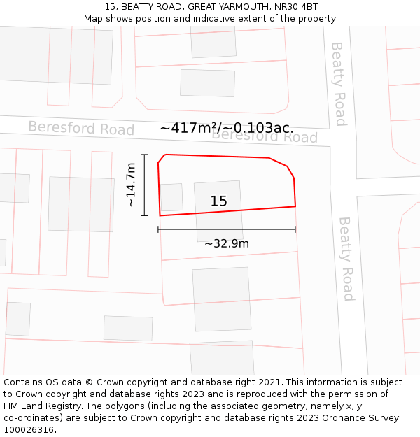 15, BEATTY ROAD, GREAT YARMOUTH, NR30 4BT: Plot and title map