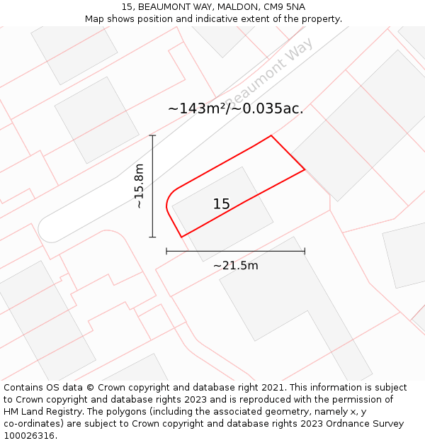 15, BEAUMONT WAY, MALDON, CM9 5NA: Plot and title map