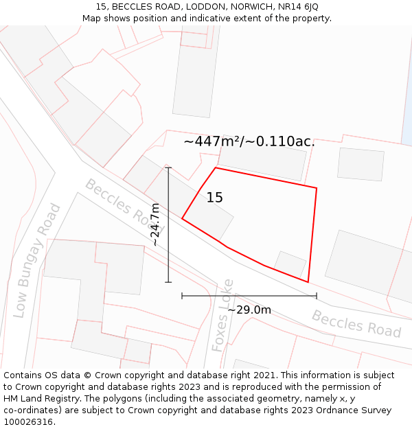 15, BECCLES ROAD, LODDON, NORWICH, NR14 6JQ: Plot and title map