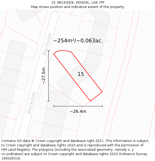 15, BECKSIDE, KENDAL, LA9 7PF: Plot and title map