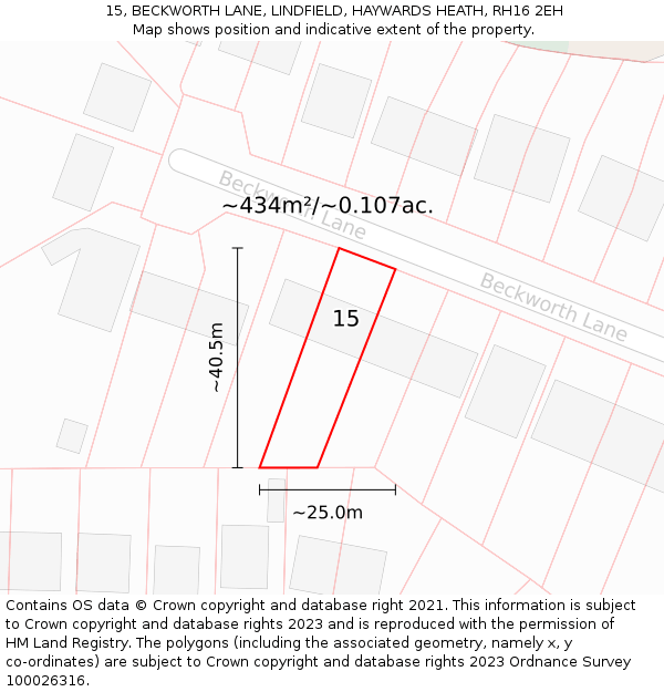 15, BECKWORTH LANE, LINDFIELD, HAYWARDS HEATH, RH16 2EH: Plot and title map