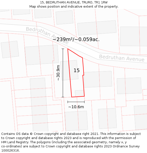 15, BEDRUTHAN AVENUE, TRURO, TR1 1RW: Plot and title map