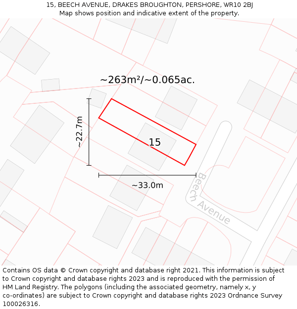 15, BEECH AVENUE, DRAKES BROUGHTON, PERSHORE, WR10 2BJ: Plot and title map