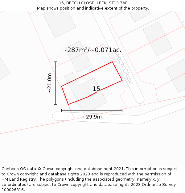 15, BEECH CLOSE, LEEK, ST13 7AF: Plot and title map
