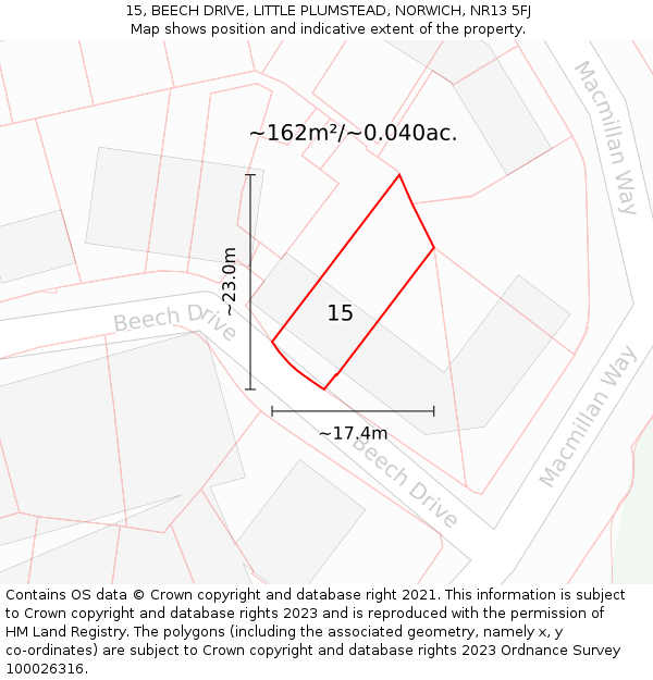 15, BEECH DRIVE, LITTLE PLUMSTEAD, NORWICH, NR13 5FJ: Plot and title map