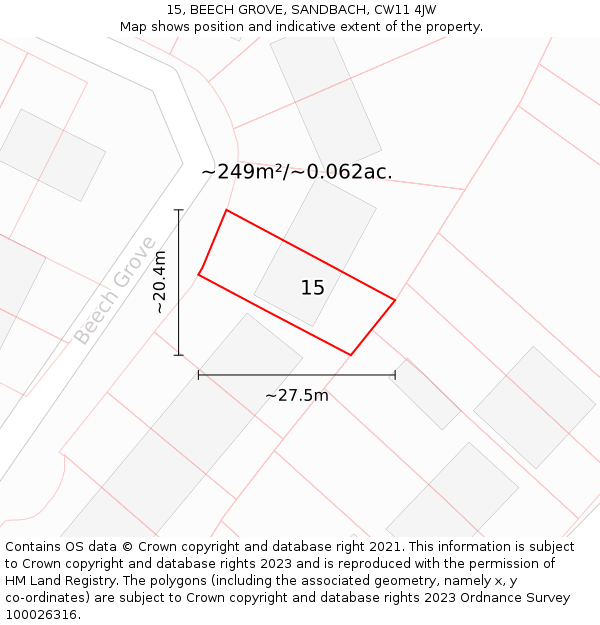 15, BEECH GROVE, SANDBACH, CW11 4JW: Plot and title map