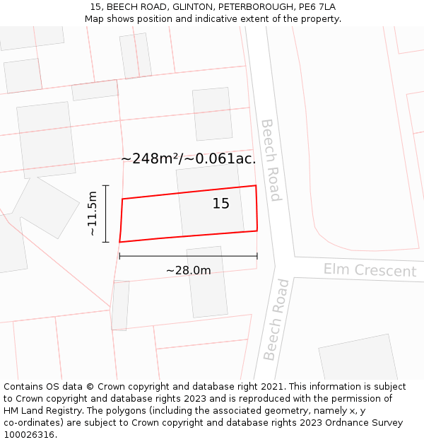 15, BEECH ROAD, GLINTON, PETERBOROUGH, PE6 7LA: Plot and title map