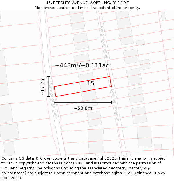 15, BEECHES AVENUE, WORTHING, BN14 9JE: Plot and title map
