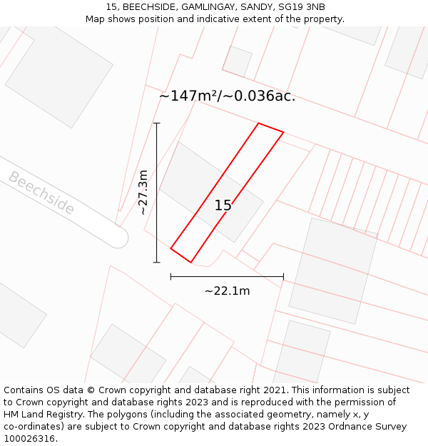 15, BEECHSIDE, GAMLINGAY, SANDY, SG19 3NB: Plot and title map