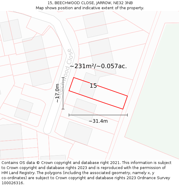 15, BEECHWOOD CLOSE, JARROW, NE32 3NB: Plot and title map