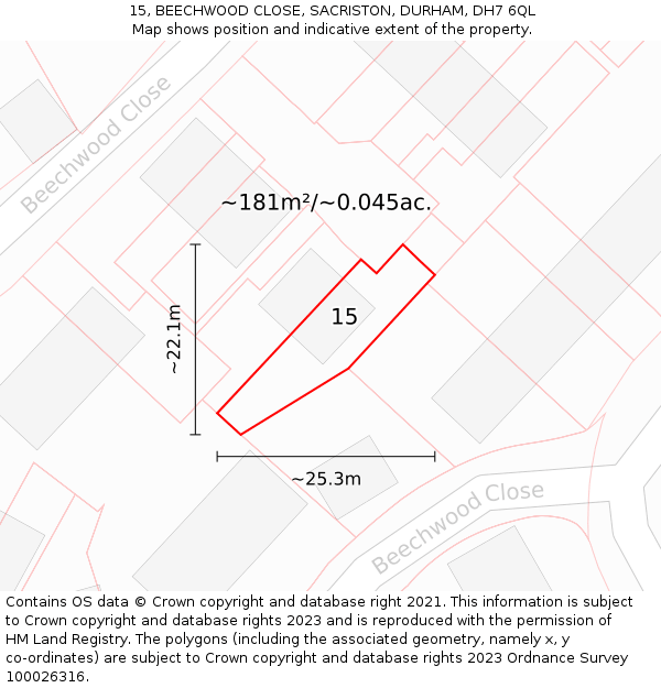 15, BEECHWOOD CLOSE, SACRISTON, DURHAM, DH7 6QL: Plot and title map