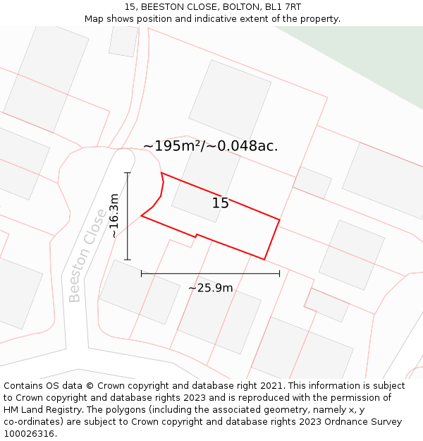 15, BEESTON CLOSE, BOLTON, BL1 7RT: Plot and title map