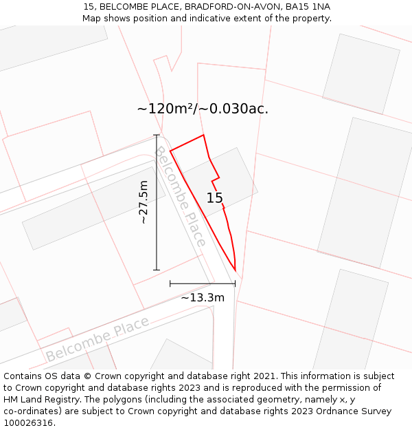 15, BELCOMBE PLACE, BRADFORD-ON-AVON, BA15 1NA: Plot and title map