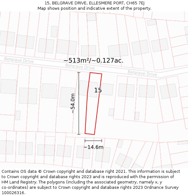 15, BELGRAVE DRIVE, ELLESMERE PORT, CH65 7EJ: Plot and title map