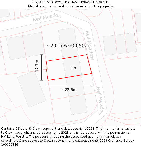 15, BELL MEADOW, HINGHAM, NORWICH, NR9 4HT: Plot and title map