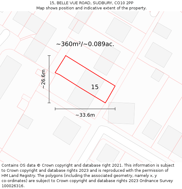 15, BELLE VUE ROAD, SUDBURY, CO10 2PP: Plot and title map