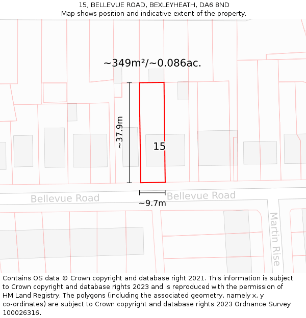 15, BELLEVUE ROAD, BEXLEYHEATH, DA6 8ND: Plot and title map