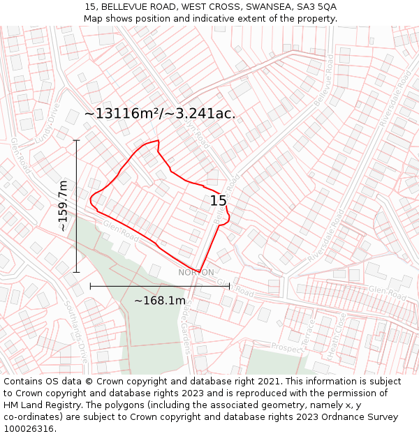 15, BELLEVUE ROAD, WEST CROSS, SWANSEA, SA3 5QA: Plot and title map