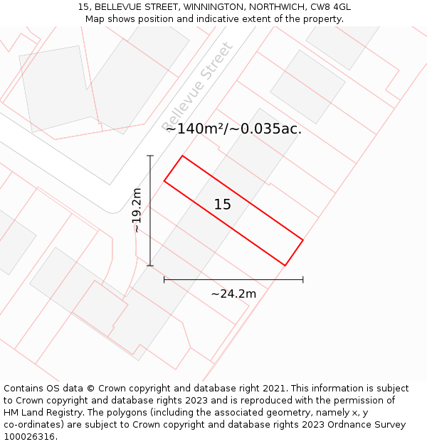 15, BELLEVUE STREET, WINNINGTON, NORTHWICH, CW8 4GL: Plot and title map