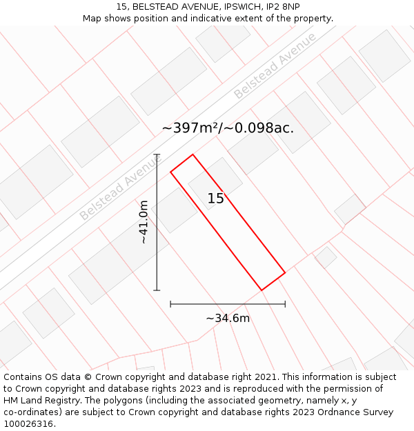 15, BELSTEAD AVENUE, IPSWICH, IP2 8NP: Plot and title map
