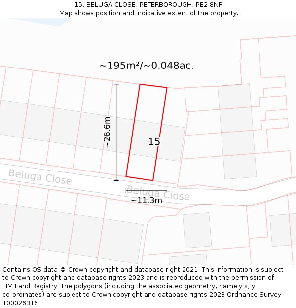 15, BELUGA CLOSE, PETERBOROUGH, PE2 8NR: Plot and title map