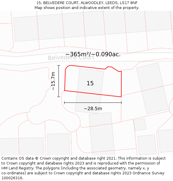 15, BELVEDERE COURT, ALWOODLEY, LEEDS, LS17 8NF: Plot and title map