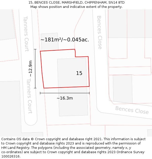 15, BENCES CLOSE, MARSHFIELD, CHIPPENHAM, SN14 8TD: Plot and title map